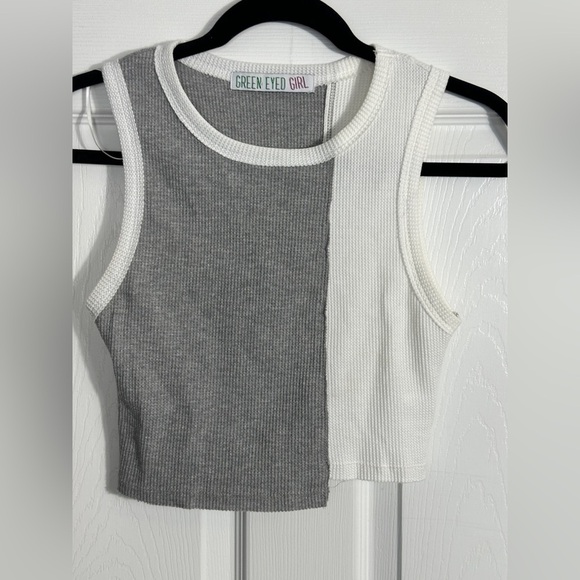 Green Eyed Girl sz S crop top, waffle knit, colorblock, asymmetrical hem - Picture 1 of 6